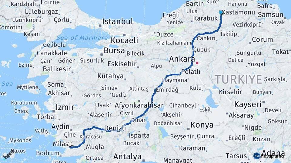 Kastamonu Milas Muğla Arası Kaç Km - Yol Haritası