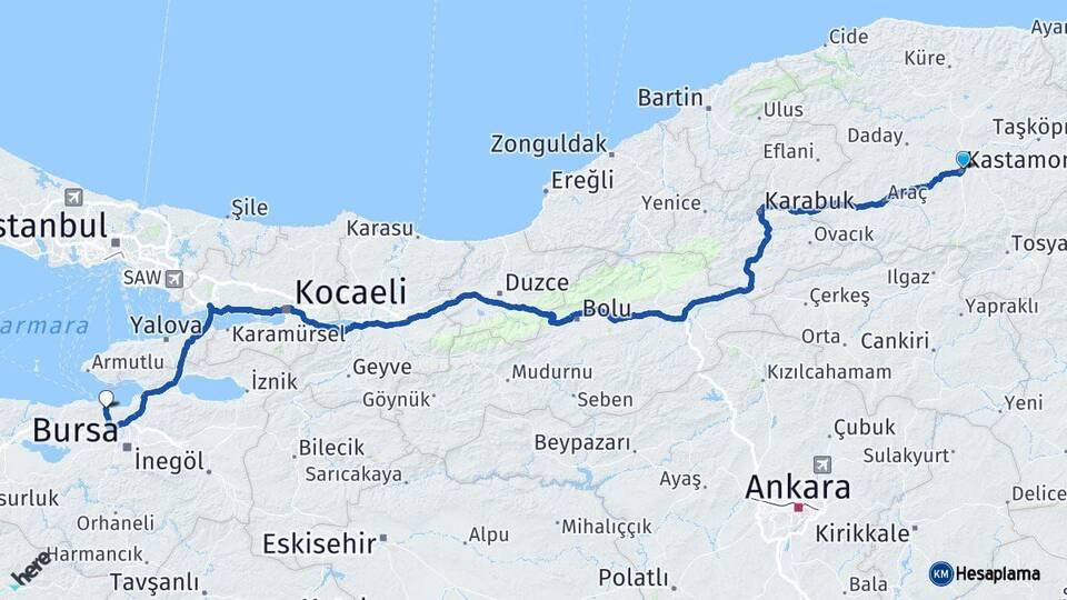 Kastamonu Mudanya Bursa Arası Kaç Km - Yol Haritası