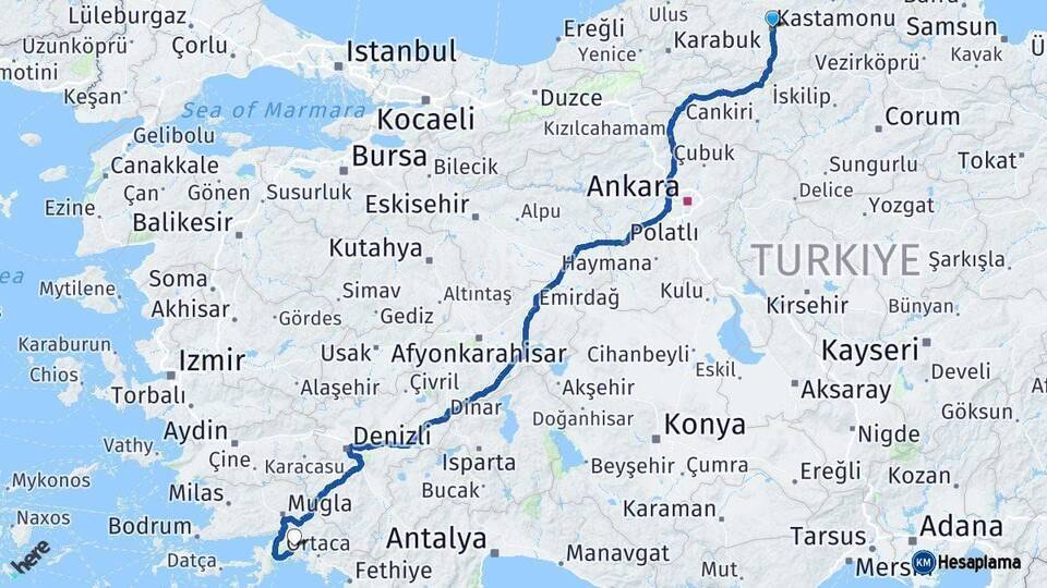 Kastamonu Muğla Arası Kaç Km - Yol Haritası