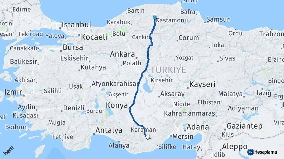 Kastamonu Mut Mersin Arası Kaç Km - Yol Haritası