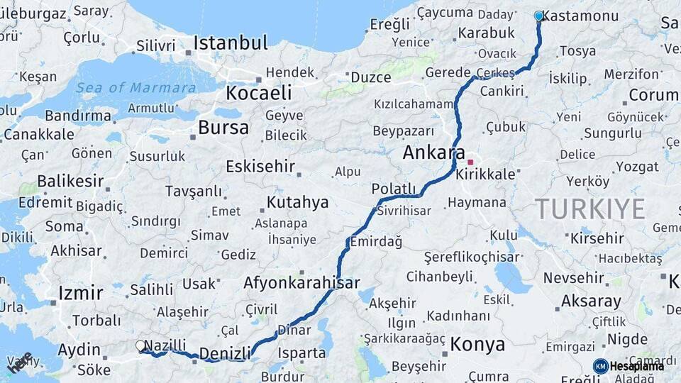 Kastamonu Nazilli Aydın Arası Kaç Km - Yol Haritası