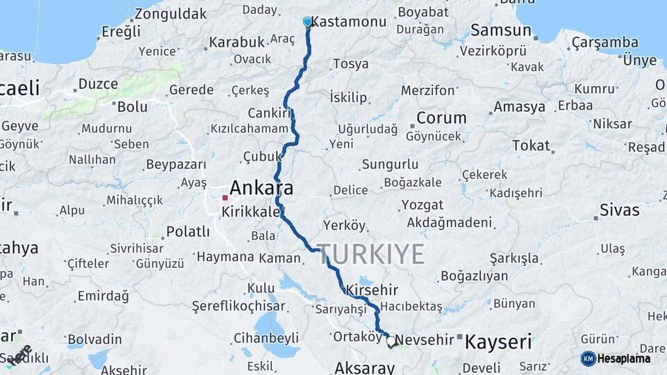 Kastamonu Nevşehir Arası Kaç Km - Yol Haritası