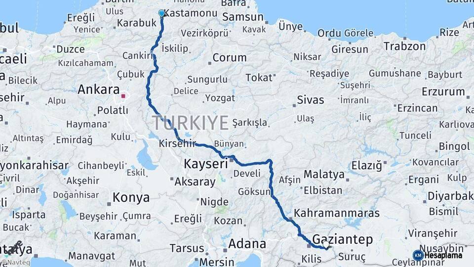 Kastamonu Nizip Gaziantep Arası Kaç Km - Yol Haritası