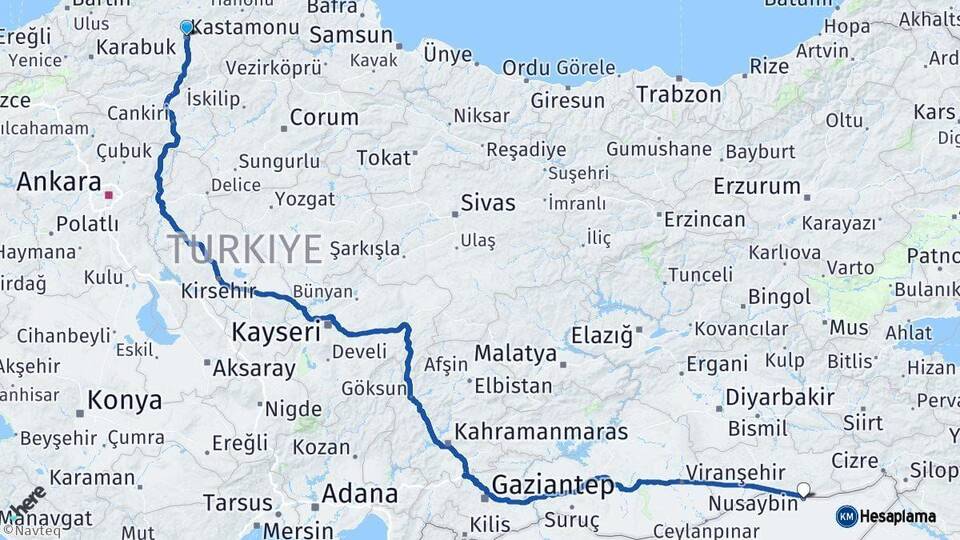 Kastamonu Nusaybin Mardin Arası Kaç Km - Yol Haritası