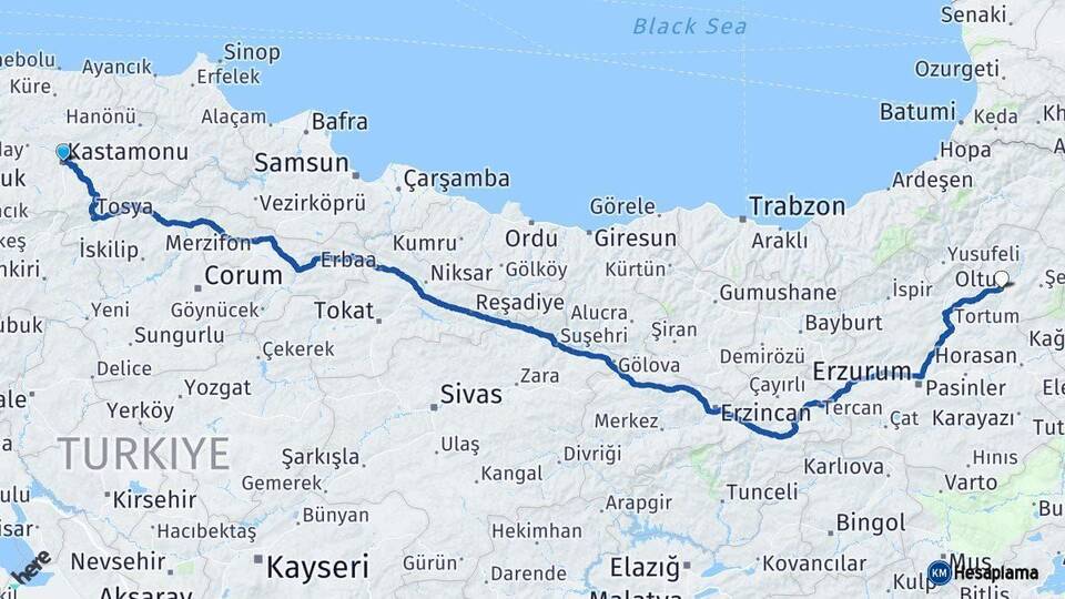 Kastamonu Oltu Erzurum Arası Kaç Km - Yol Haritası