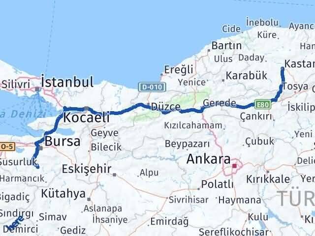 Kastamonu Orhaneli Bursa Arası Kaç Km - Yol Haritası
