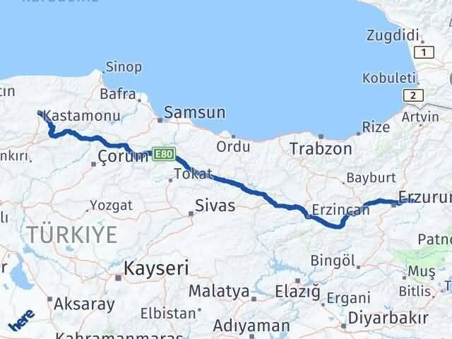 Kastamonu Pasinler Erzurum Arası Kaç Km - Yol Haritası