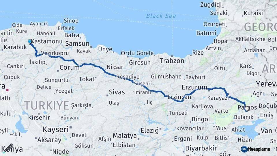 Kastamonu Patnos Ağrı Arası Kaç Km - Yol Haritası