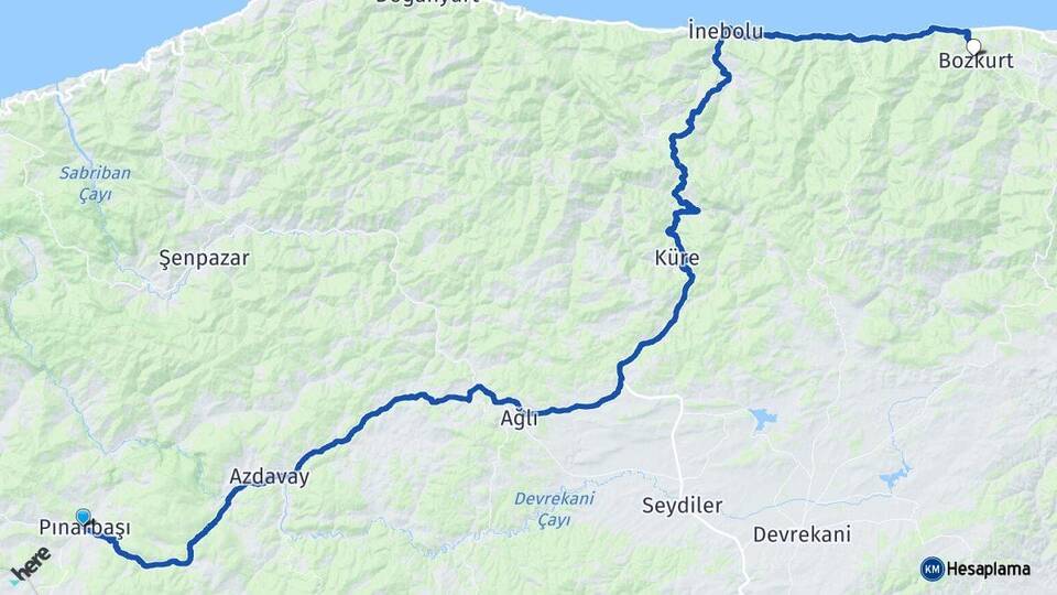 Kastamonu Pınarbaşı Bozkurt Arası Kaç Km - Yol Haritası