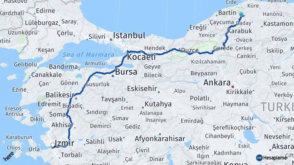 Kastamonu Pınarbaşı İzmir Arası Kaç Km - Yol Haritası