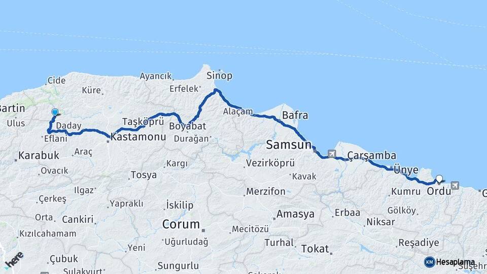 Kastamonu Pınarbaşı Ordu Arası Kaç Km - Yol Haritası