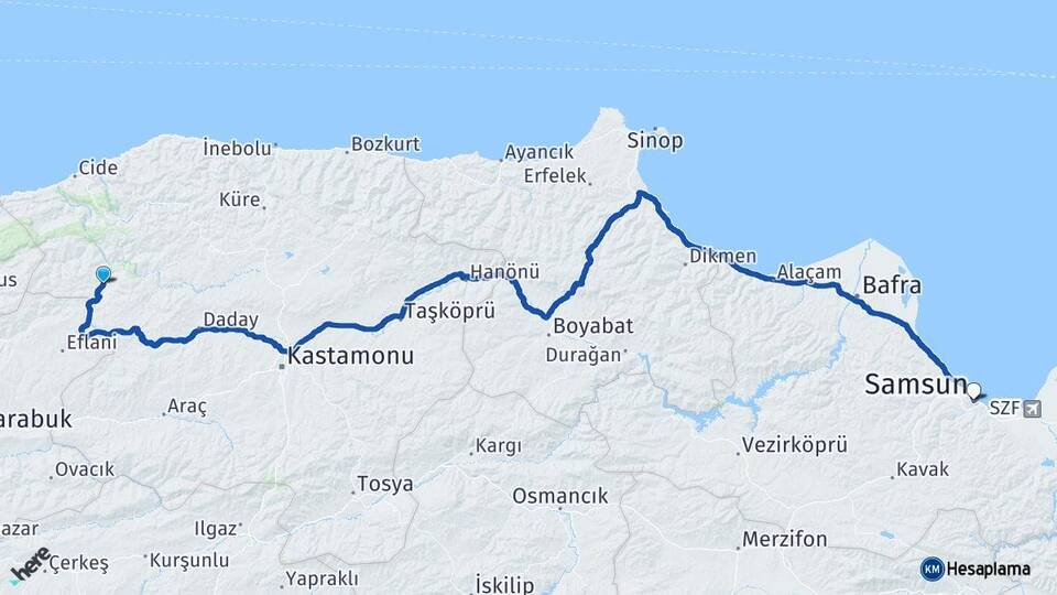 Kastamonu Pınarbaşı Samsun Arası Kaç Km - Yol Haritası