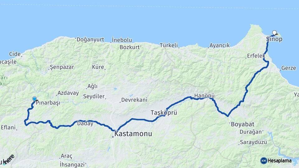Kastamonu Pınarbaşı Sinop Arası Kaç Km - Yol Haritası