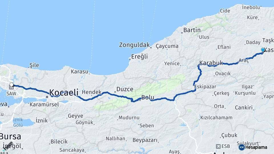 Kastamonu Sabiha Gökçen Havalimanı Arası Kaç Km - Yol Haritası