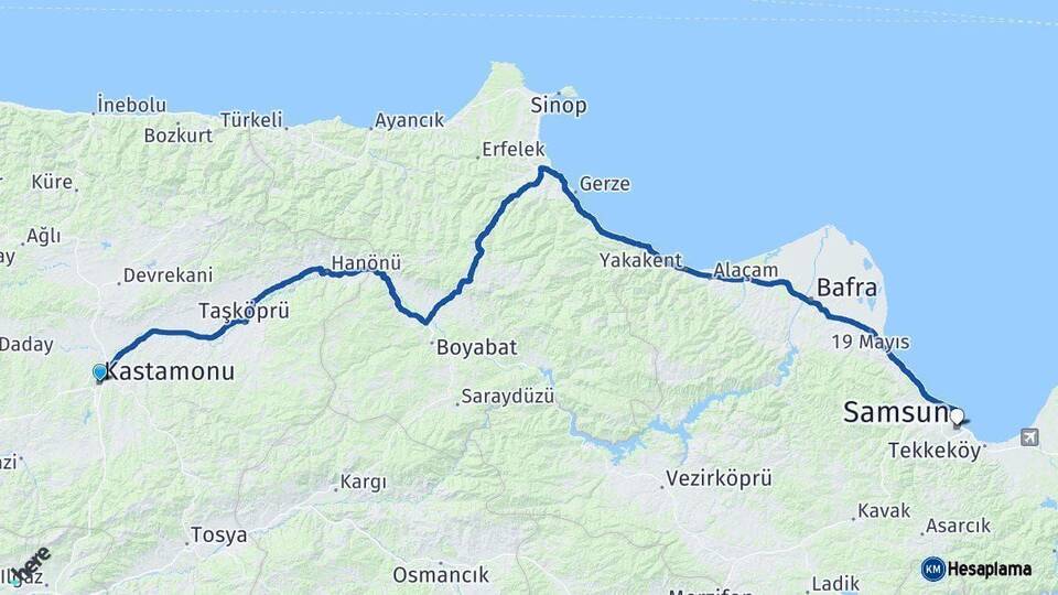Kastamonu Samsun Arası Kaç Km - Yol Haritası