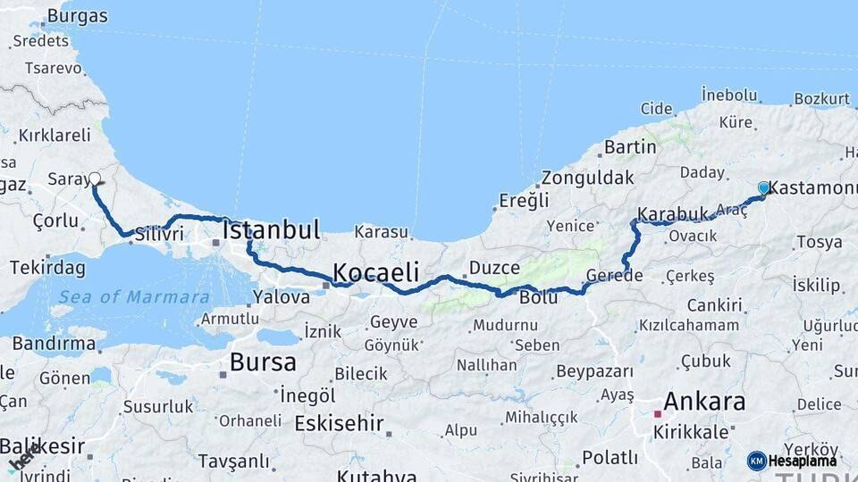 Kastamonu Saray Tekirdağ Arası Kaç Km - Yol Haritası