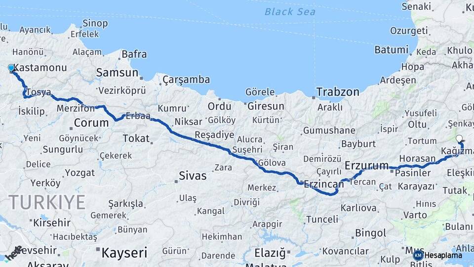 Kastamonu Sarıkamış Kars Arası Kaç Km - Yol Haritası