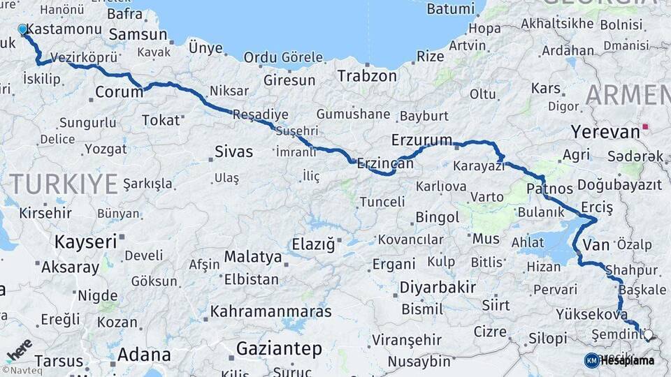 Kastamonu Şemdinli Hakkari Arası Kaç Km - Yol Haritası
