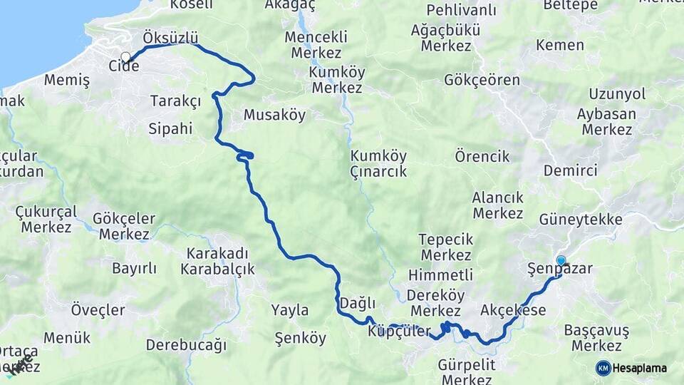 Kastamonu Şenpazar Cide Arası Kaç Km - Yol Haritası