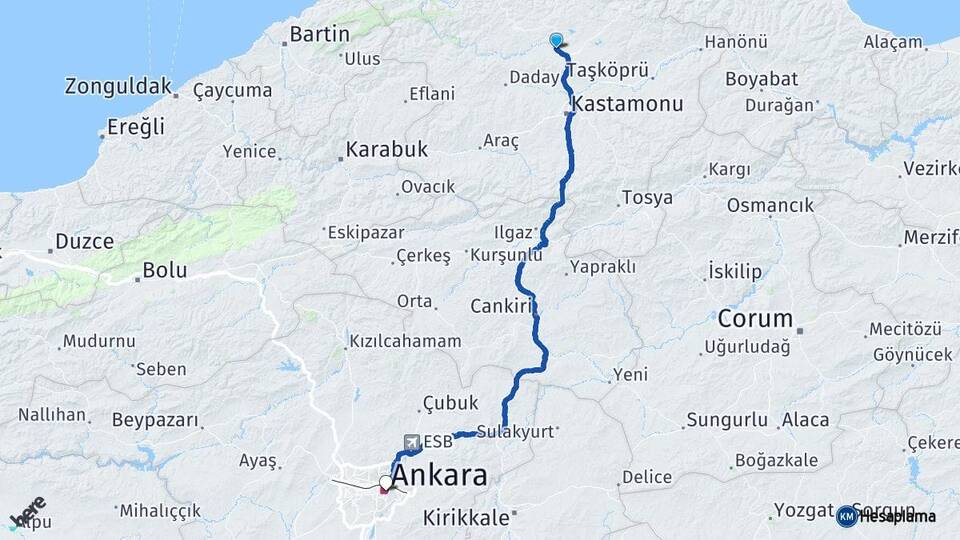 Kastamonu Seydiler Ankara Arası Kaç Km - Yol Haritası