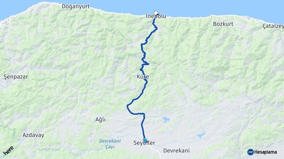 Kastamonu Seydiler İnebolu Arası Kaç Km - Yol Haritası