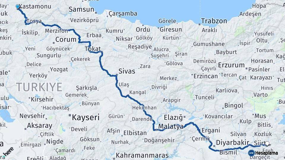 Kastamonu Siirt Arası Kaç Km - Yol Haritası