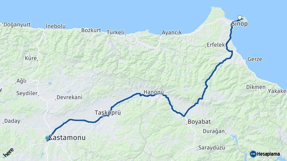 Kastamonu Sinop Arası Kaç Km - Yol Haritası