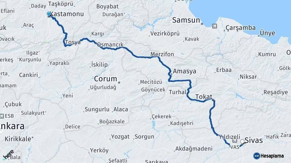 Kastamonu Sivas Arası Kaç Km - Yol Haritası