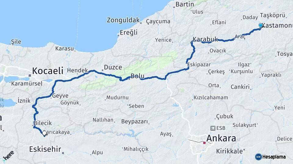 Kastamonu Söğüt Bilecik Arası Kaç Km - Yol Haritası