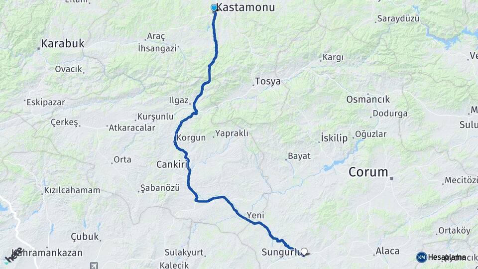 Kastamonu Sungurlu Çorum Arası Kaç Km - Yol Haritası