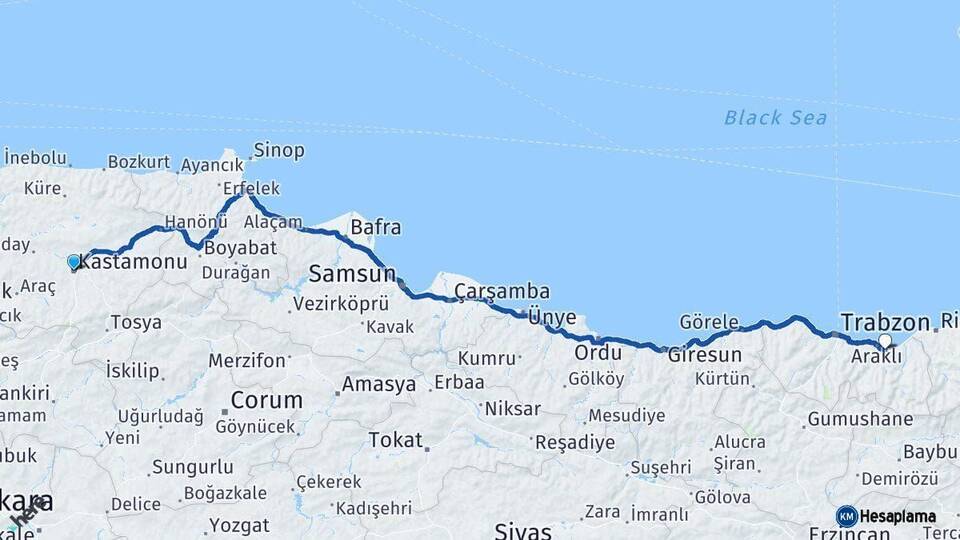 Kastamonu Sürmene Trabzon Arası Kaç Km - Yol Haritası