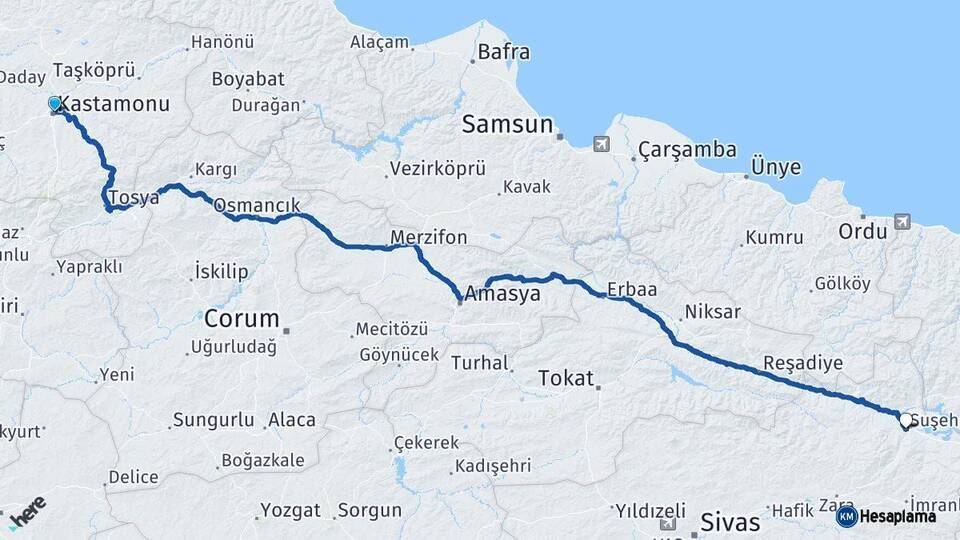 Kastamonu Suşehri Sivas Arası Kaç Km - Yol Haritası