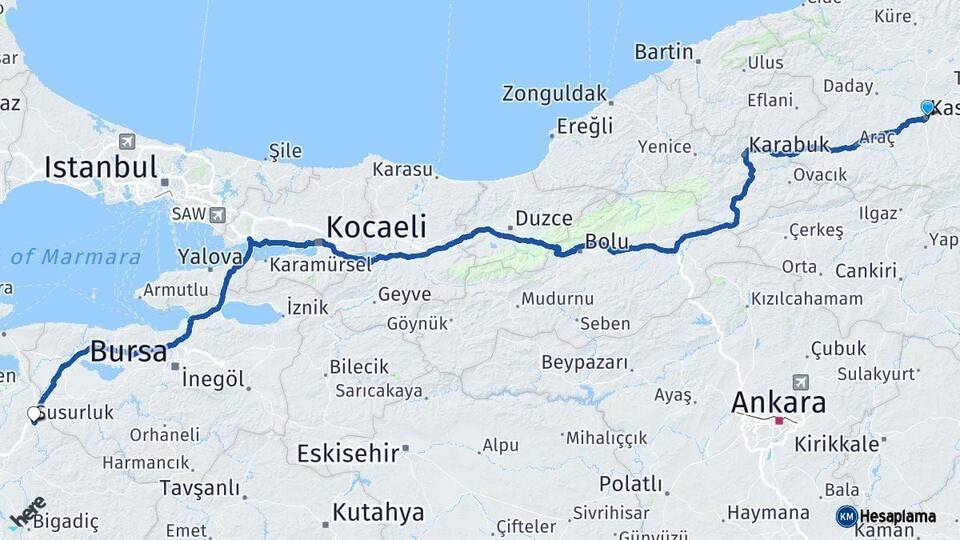 Kastamonu Susurluk Balıkesir Arası Kaç Km - Yol Haritası