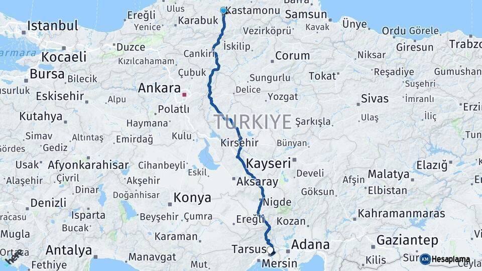 Kastamonu Tarsus Mersin Arası Kaç Km - Yol Haritası