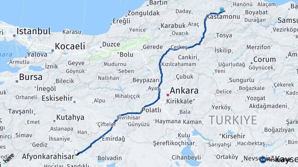 Kastamonu Taşköprü Afyonkarahisar Arası Kaç Km - Yol Haritası