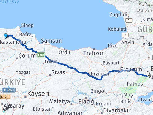 Kastamonu Taşköprü Ağrı Arası Kaç Km - Yol Haritası