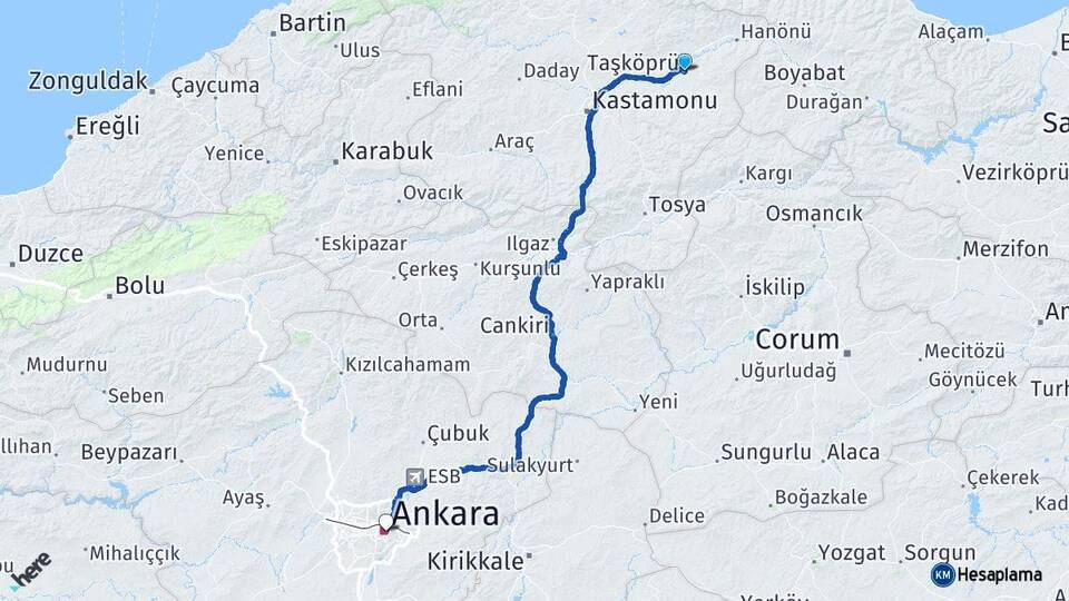 Kastamonu Taşköprü Ankara Arası Kaç Km - Yol Haritası