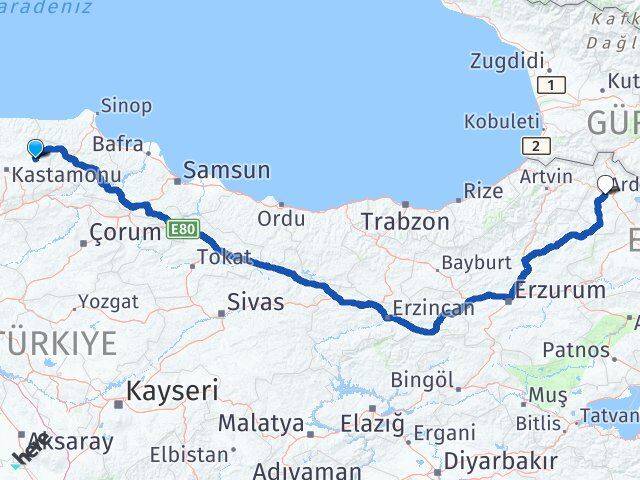Kastamonu Taşköprü Ardahan Arası Kaç Km - Yol Haritası