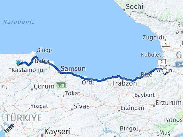 Kastamonu Taşköprü Artvin Arası Kaç Km - Yol Haritası