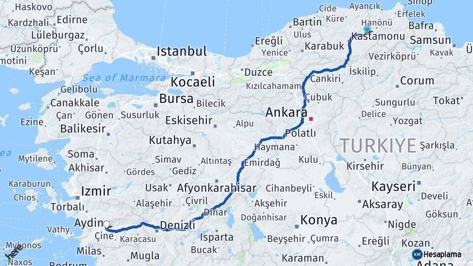 Kastamonu Taşköprü Aydın Arası Kaç Km - Yol Haritası