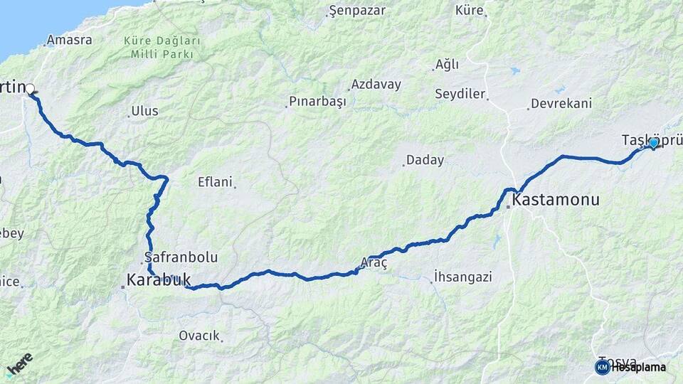 Kastamonu Taşköprü Bartın Arası Kaç Km - Yol Haritası