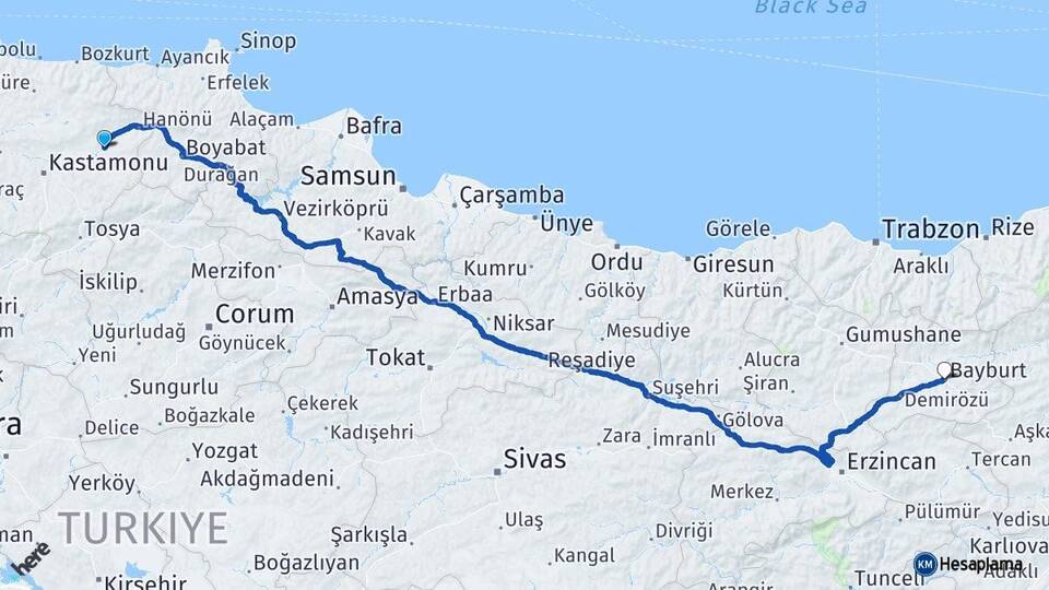 Kastamonu Taşköprü Bayburt Arası Kaç Km - Yol Haritası