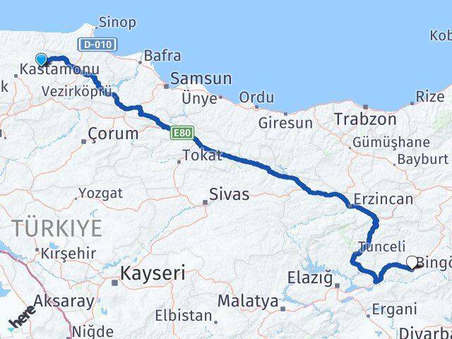 Kastamonu Taşköprü Bingöl Arası Kaç Km - Yol Haritası