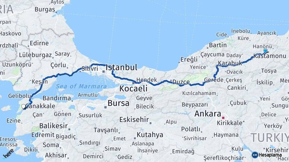 Kastamonu Taşköprü Çanakkale Arası Kaç Km - Yol Haritası