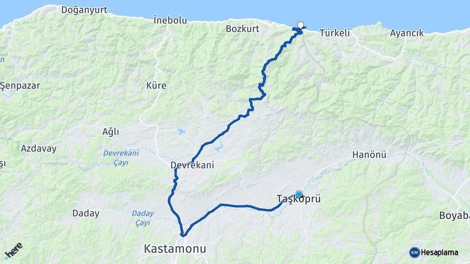 Kastamonu Taşköprü Çatalzeytin Arası Kaç Km - Yol Haritası