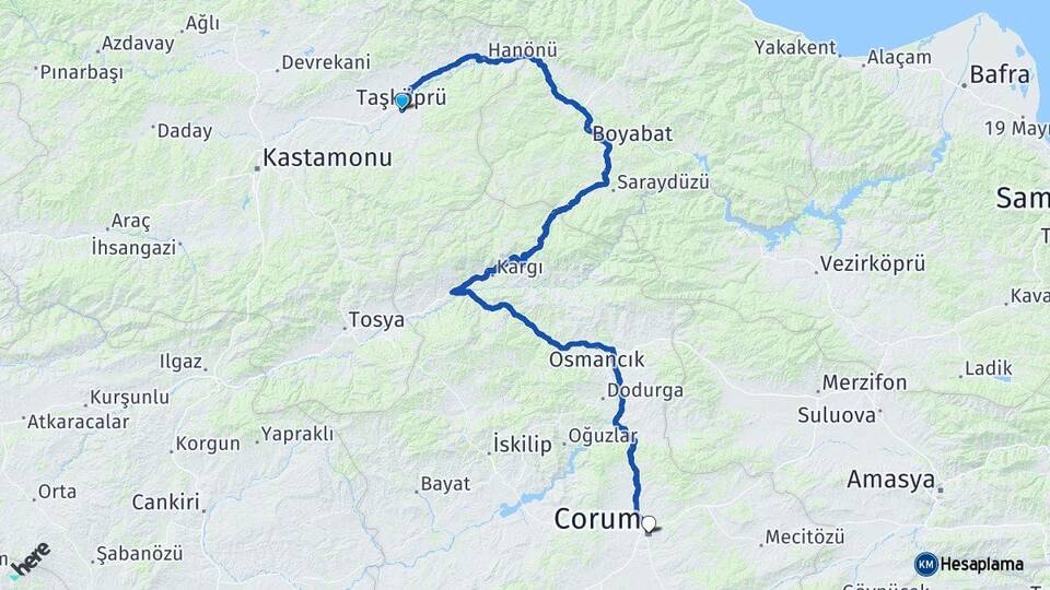 Kastamonu Taşköprü Çorum Arası Kaç Km - Yol Haritası