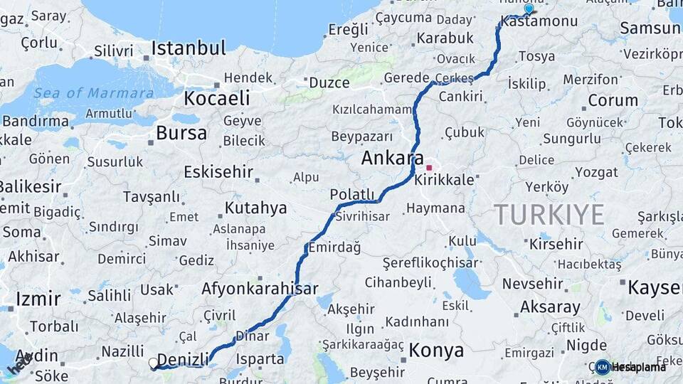 Kastamonu Taşköprü Denizli Arası Kaç Km - Yol Haritası