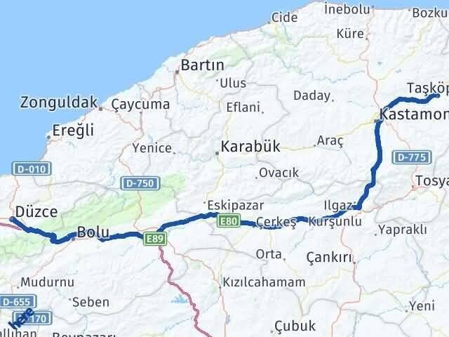 Kastamonu Taşköprü Düzce Arası Kaç Km - Yol Haritası