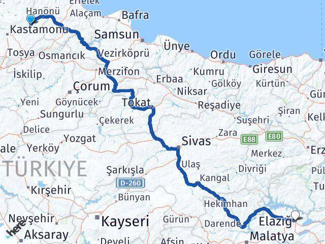 Kastamonu Taşköprü Elazığ Arası Kaç Km - Yol Haritası