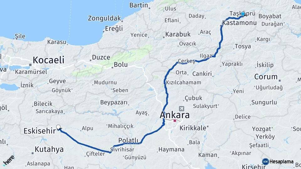 Kastamonu Taşköprü Eskişehir Arası Kaç Km - Yol Haritası